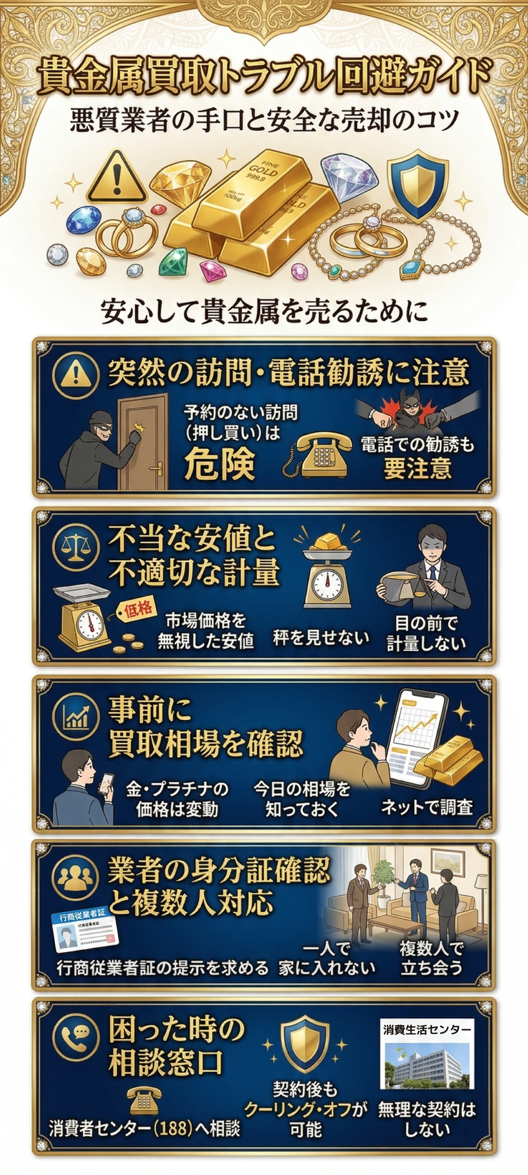 貴金属買取トラブルに遭わないためにはどうすれば良い？悪質業者の手口と安全に売るコツをご紹介