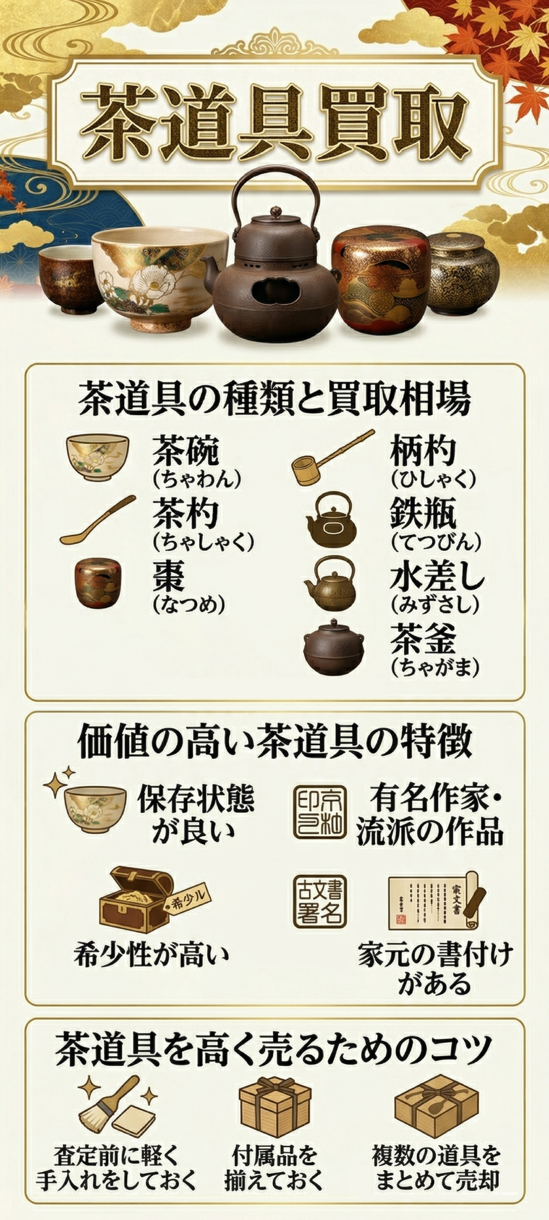 茶道具を買取に出す際の高価査定のコツとは?価値の高い茶道具や業者選びまで徹底解説
