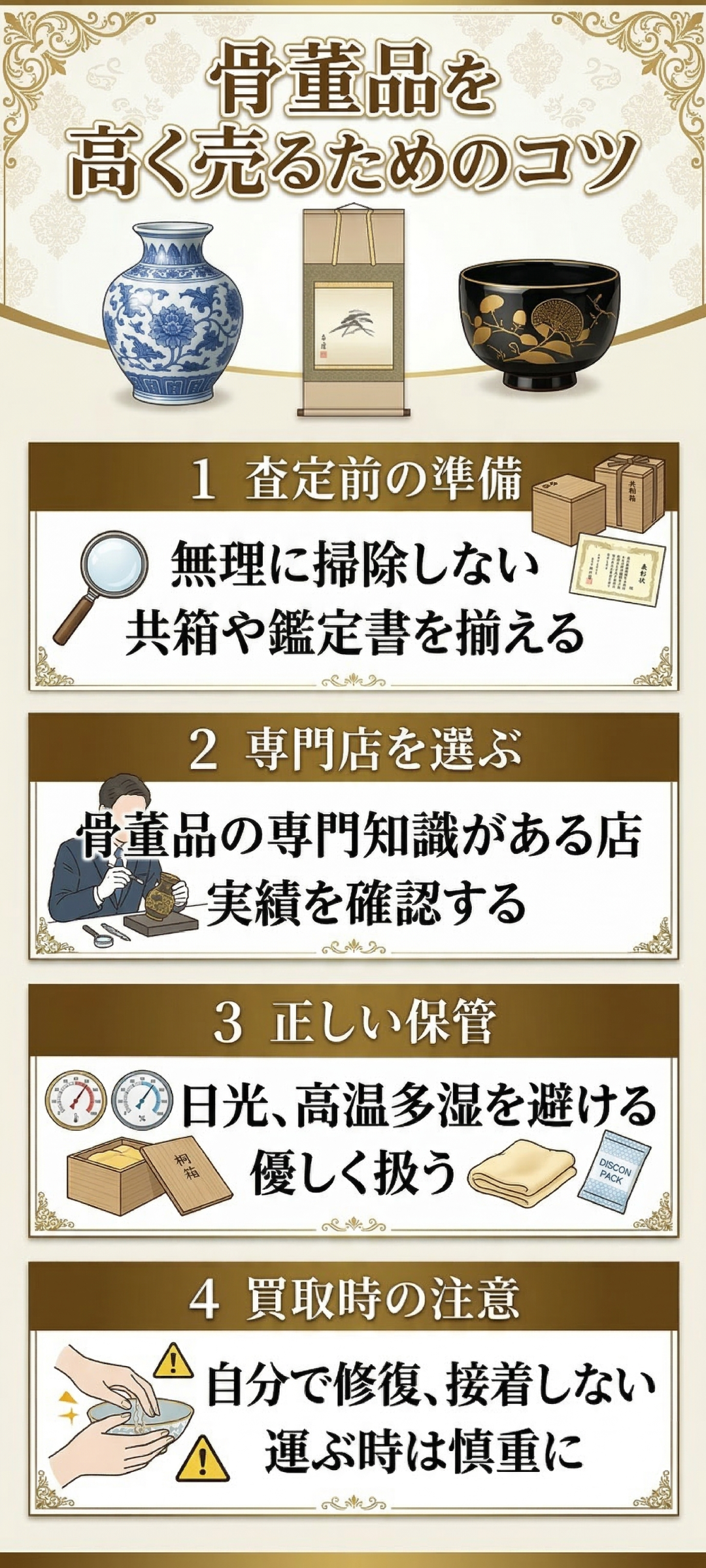 骨董品を高く売るコツは？失敗しない業者選びや高価買取のポイント・注意点を解説