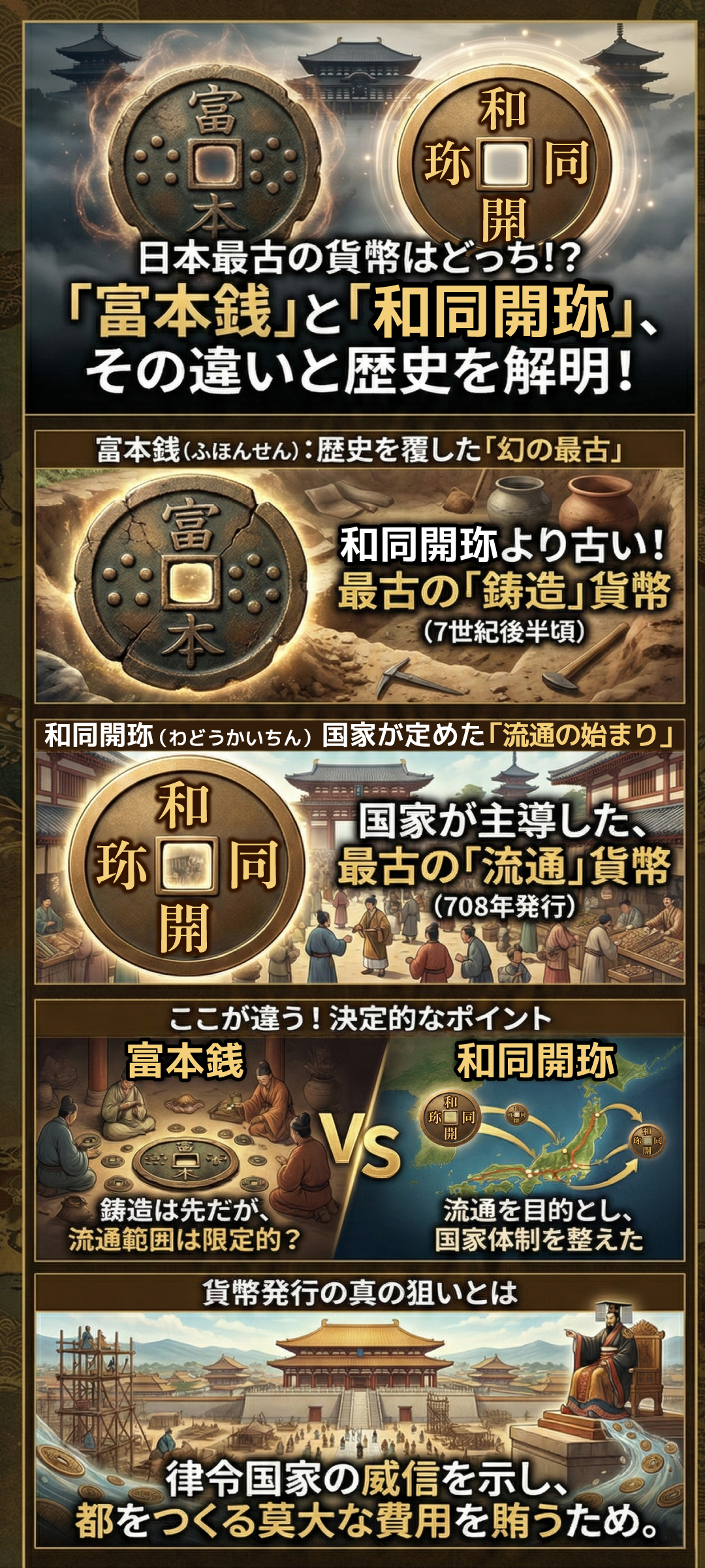 富本銭と和同開珎の違いとは?概要から時代背景まで徹底解説