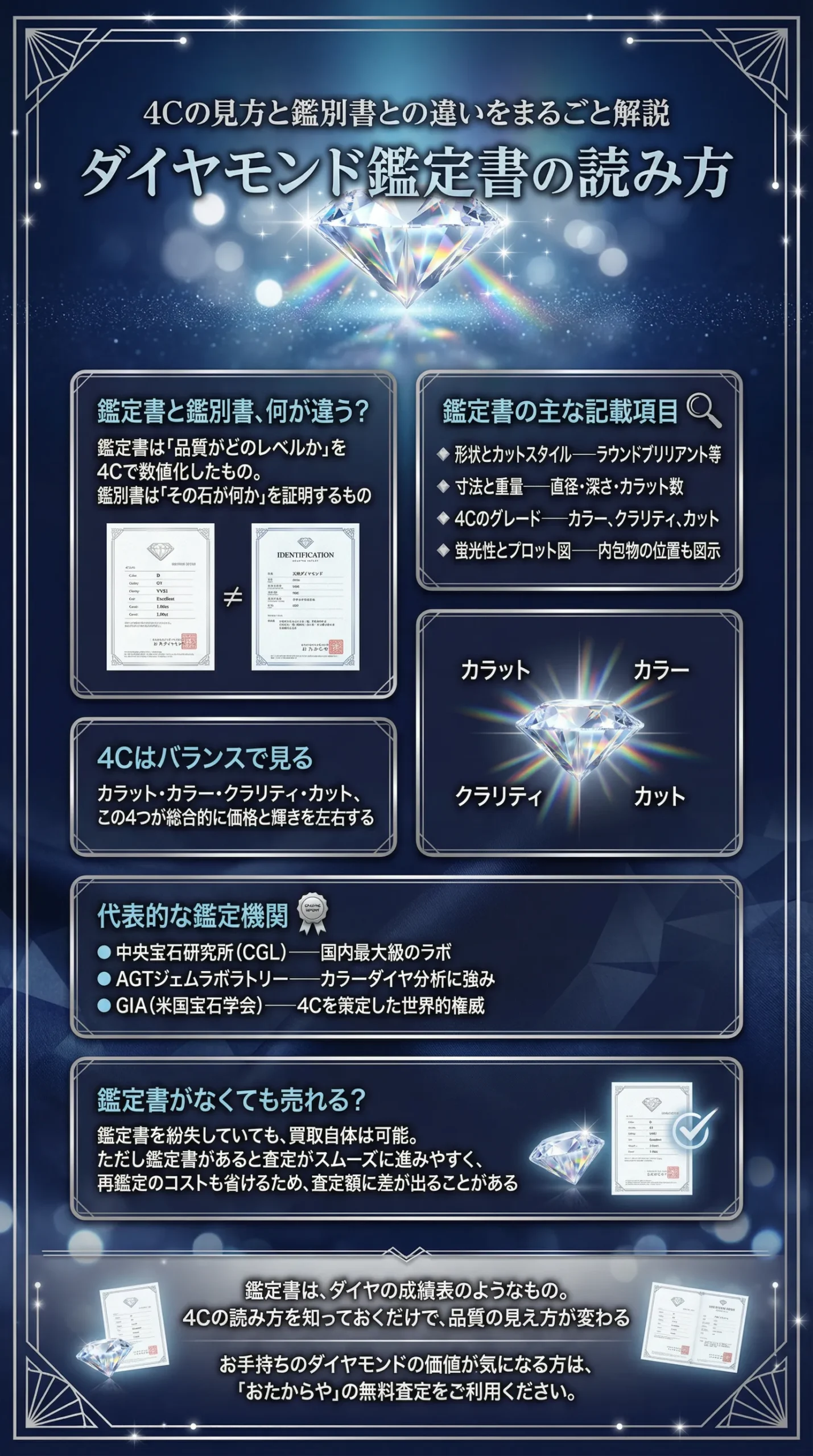ダイヤモンド鑑定書（グレーディングレポート）の見方を徹底解説！鑑別書との違いや4Cのポイントも紹介