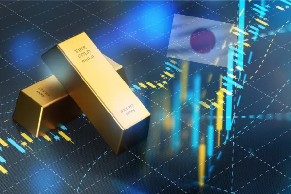 ブルーバーグラフ、株式市場、金融コンセプトに座っているゴールドバーと背景にうつる日本国旗