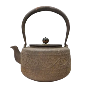 南部鉄器清龍堂造 草花地文金銀象嵌提手鉄瓶 鋳込銘 共箱 象嵌 古美術品 砂鉄 23836nn