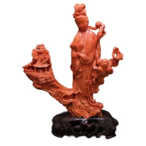 桃珊瑚置物 天女 台座含む 重量約1498g 高さ約25.5cm 幅約22.5cm