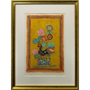 絵画  ポール・アイズピリ オレンジの背景の鳥のいる花束