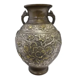 龍仙銘 鋳銅盛上花紋耳付花入 花器 花瓶
