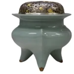 三代 諏訪蘇山造 青磁袴腰香炉 信幸造純銀四君子 高肉透彫火舎 共箱 二重箱 銀の重さ 約111g