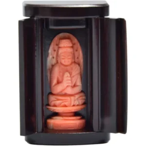 川口一光作 桃珊瑚 御守本尊大日如来像 黒檀厨子付