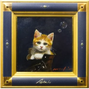 八代亜紀 ブーツの中で 油彩3号 動物画 子猫 靴 芸能人 歌手 絵画 原画 油絵 真作保証