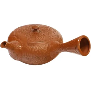 山田宝生 朱泥総彫菊花尽文横手急須 常滑焼 掻き銘 茶道具 陶磁器 名匠 伝統工芸品