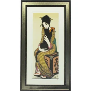 竹久夢二 黒船屋 人物画 着物女性像 美人画 黒猫 ネコ 大正ロマン アート 絵画 版画 保証