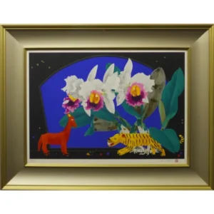 絵画 中島千波 カトレアと虎と馬