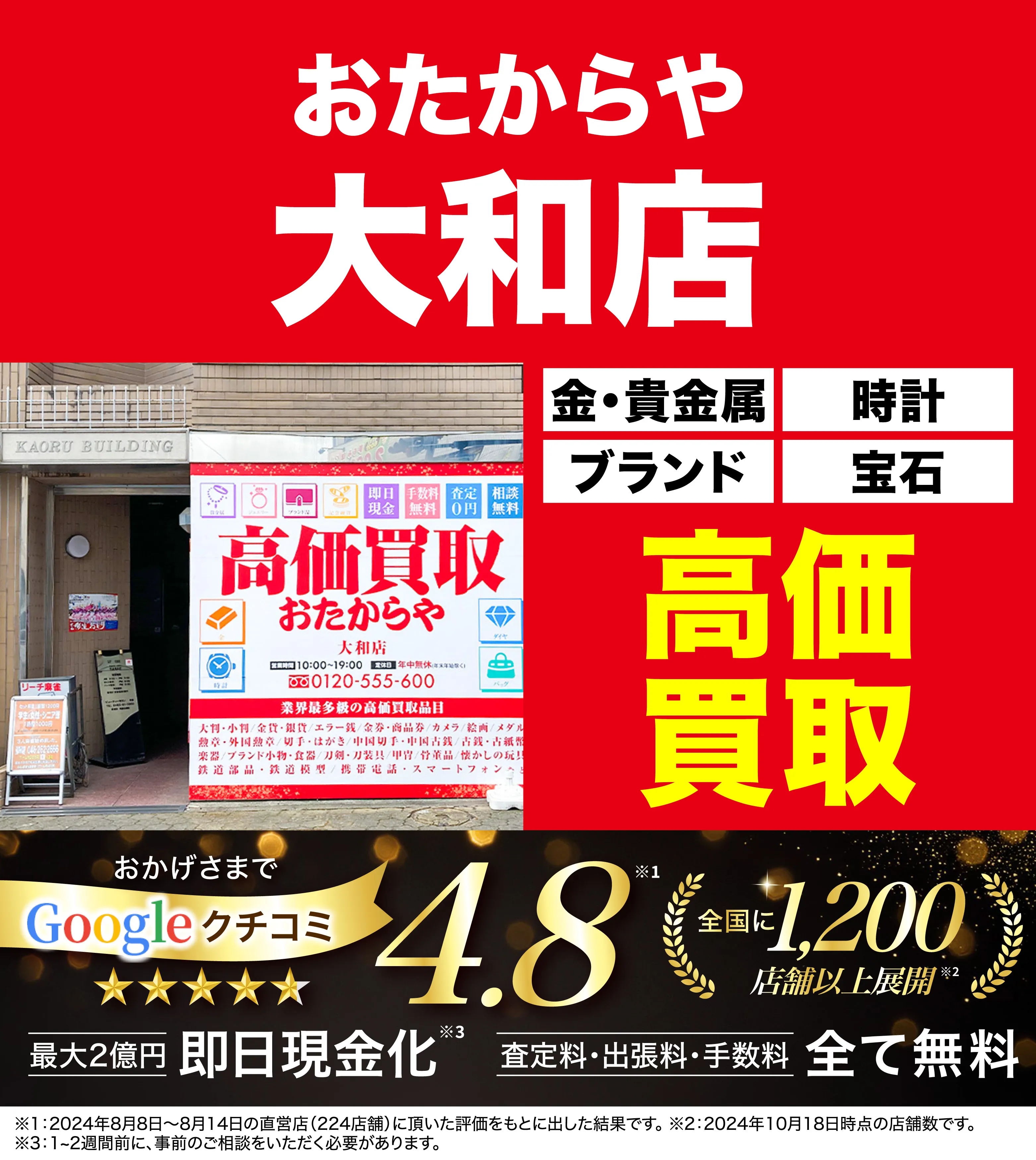 高価買取！googleクチコミ4.8、全国1,300店舗以上！