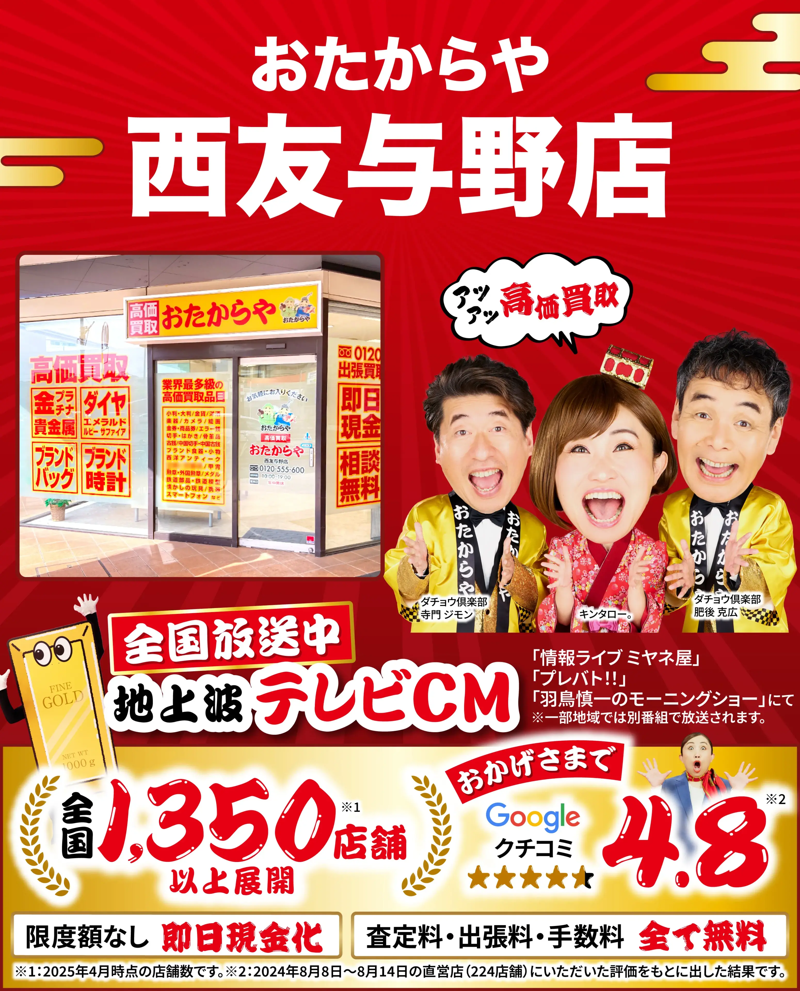 高価買取！googleクチコミ4.8、全国1,300店舗以上！