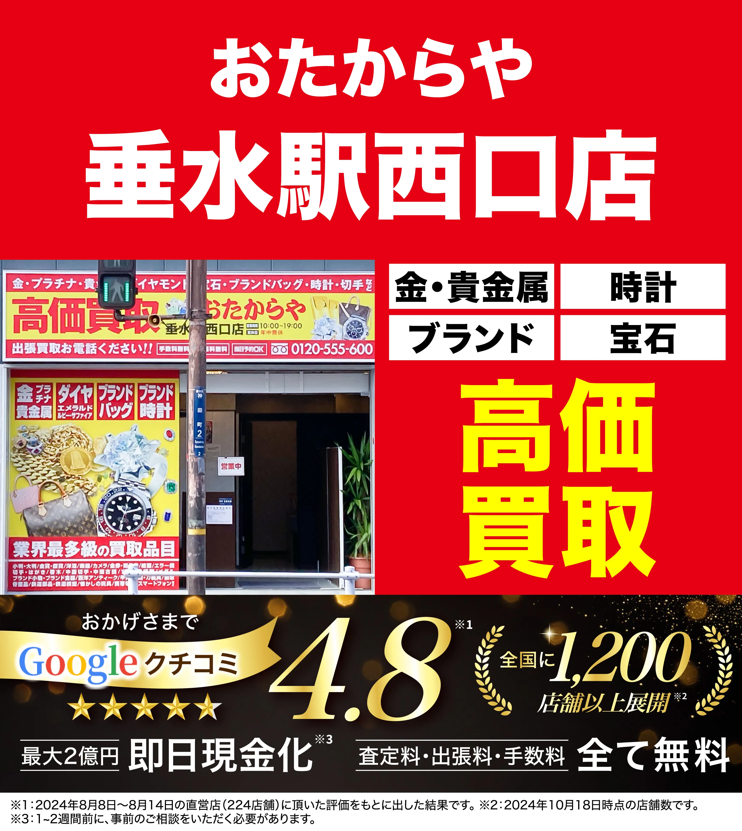 高価買取！googleクチコミ4.8、全国1,300店舗以上！
