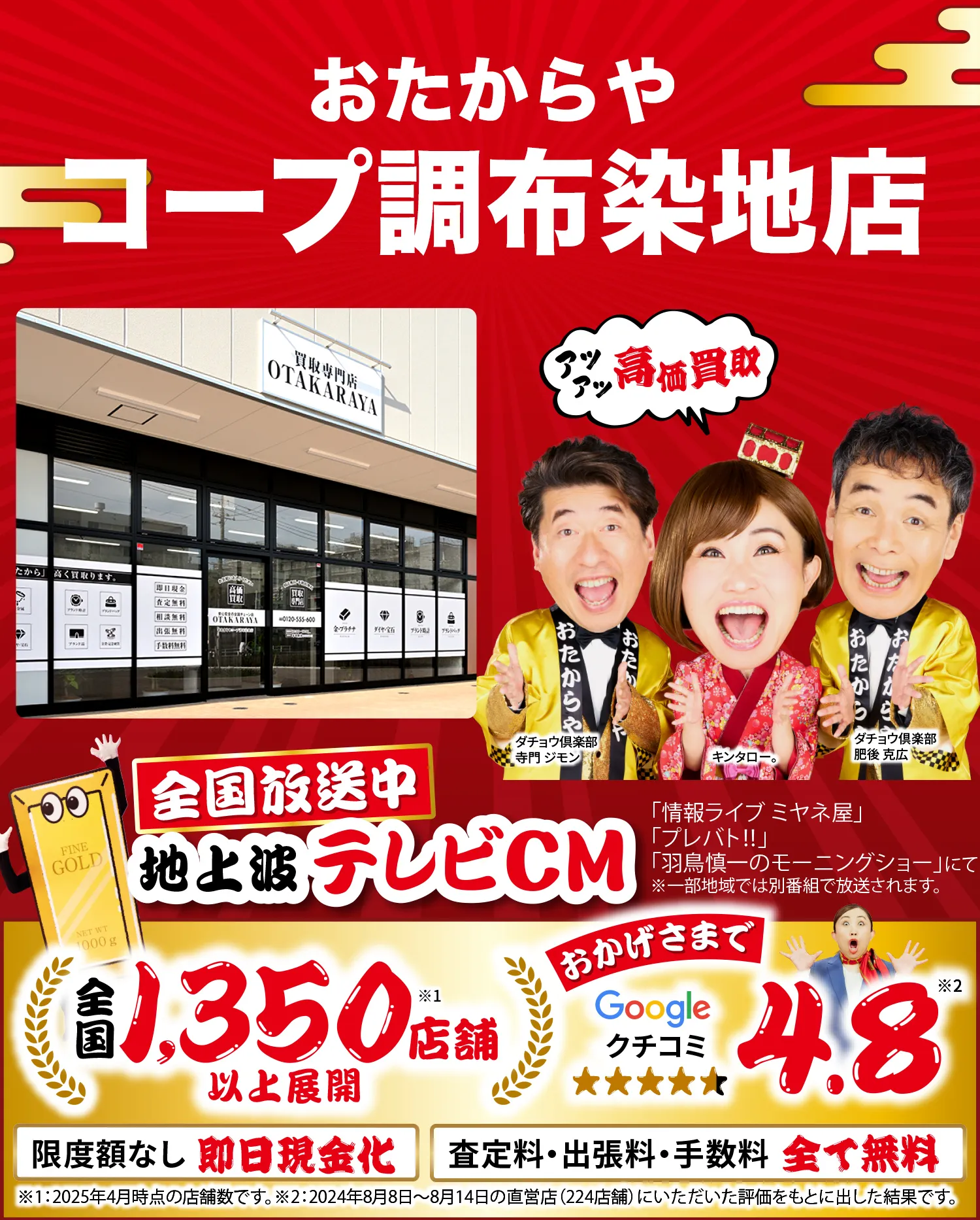 高価買取！googleクチコミ4.8、全国1,300店舗以上！