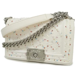 シャネル ボーイシャネル レザー×スパンコール ホワイト×マルチカラー