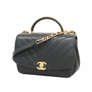 シャネル Vステッチ ハンドバッグ レザー ブラック×ゴールド金具 チェーンストラップ