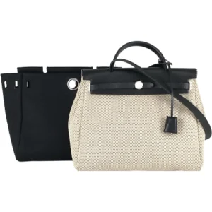 エルメス エールバッグ PM ハンドバッグ コーティングキャンバス×レザー ベージュ×ブラック×シルバー金具 G刻印