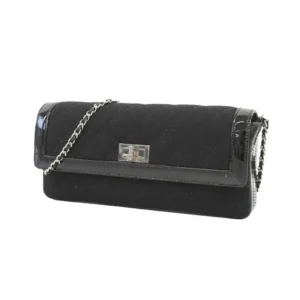 シャネル 2.55 ショルダーバッグ キャンバス コットンジャージー×パテント レザー ブラック×シルバー金具 肩掛け チェーンストラップ