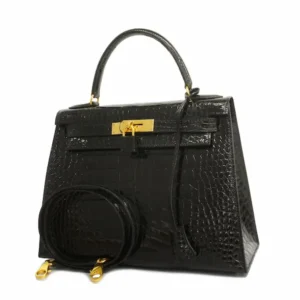 エルメス ケリー28 ハンドバッグ アリゲーター ブラック×ゴールド金具 V刻印