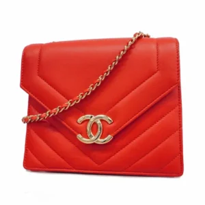 シャネル Vステッチ ショルダーバッグ レザー レッド×ゴールド金具 チェーンストラップ
