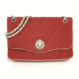 シャネル Vステッチ シェブロン ショルダーバッグ コットンジャージー レッド チェーンストラップ ライオン