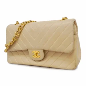 シャネル Vステッチ ショルダーバッグ ラムスキン ベージュ×ゴールド金具 チェーンストラップ Wフラップ