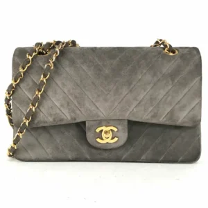 シャネル Vステッチ シェブロン ショルダーバッグ スエード グレー×ゴールド金具 チェーンストラップ Wフラップ