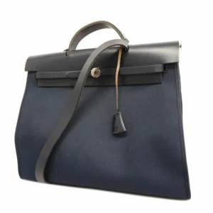 エルメス エールバッグ・ジップ MM ハンドバッグ キャンバス×レザー ネイビー×シルバー金具 D刻印