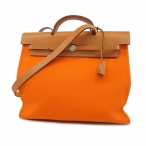 エルメス エールバッグ・ジップ ハンドバッグ キャンバス×レザー オレンジ×ブラウン×シルバー金具 M刻印