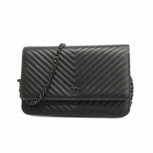 シャネル Vステッチ チェーンウォレット レザー ブラック