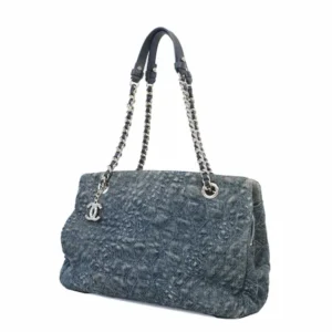 シャネル カメリア ショルダーバッグ デニム×レザー ブルー×シルバー金具 チェーンストラップ
