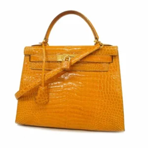 エルメス ケリー28 ハンドバッグ クロコダイルポロサス ベージュ×ゴールド金具 X刻印