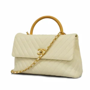 シャネル Vステッチ ハンドバッグ レザー アイボリー×ゴールド金具 チェーンストラップ