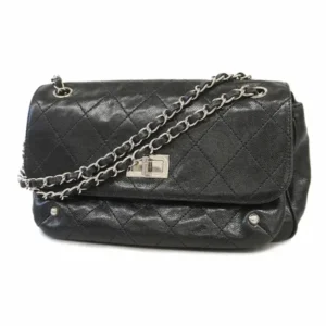 シャネル 2.55 ショルダーバッグ キャビアスキン ブラック×シルバー金具 チェーンストラップ ターンロック メタリック
