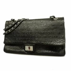 シャネル 2.55 ショルダーバッグ レザー ブラック×シルバー金具 チェーンストラップ デカアイコンWフラップ