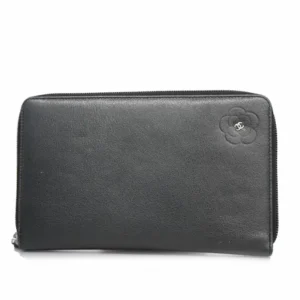 シャネル カメリア 財布 レザー ブラック×シルバー金具