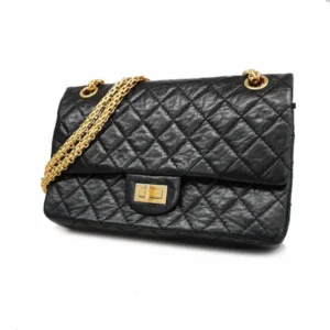 シャネル 2.55 マトラッセ ショルダーバッグ ハンドバッグ レザー ブラック×ゴールド金具 チェーンストラップ Wフラップ