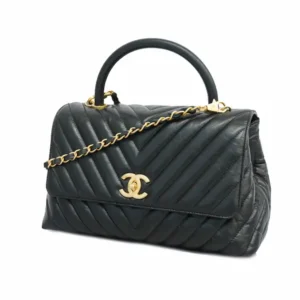 シャネル Vステッチ ハンドバッグ レザー ブラック×ゴールド金具 チェーンストラップ