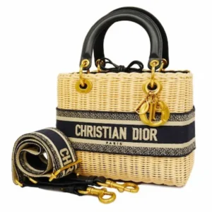 ディオール レディディオール ハンドバッグ ラタン×キャンバス ナチュラル×ネイビー