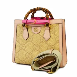 グッチ ダイアナ ハンドバッグ ストロー×レザー ピンク×ベージュ 702721