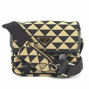 プラダ シンボル エンブロイダリー ファブリック ショルダーバッグ キャンバス ツートンカラー