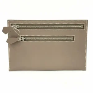 エルメス ダブルジップポーチ レザー グレージュ