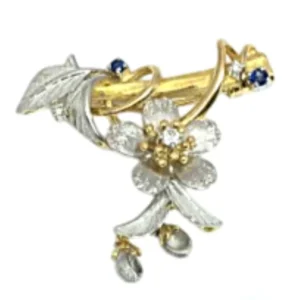 Pt900・K18 サファイア ダイヤ ブローチ 0.12ct