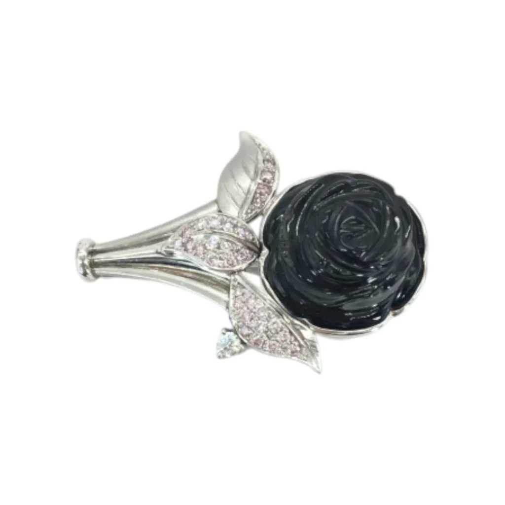 Pt・Pm900 黒石・ピンクダイヤ・ダイヤ ブローチ 0.57ct