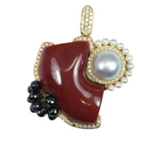 K18 サンゴ・パール・黒石・ダイヤ ネックレス/ネックレストップ 13.73 ct D1.13 ct