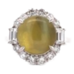 Pt･Pm900 クリソベリルキャッツアイ・ダイヤモンド リング 8.934 ct 1.28 ct
