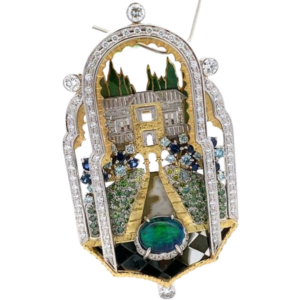 Pt900/K18 多色石・ダイヤモンドブローチ S0.74・OP2.58・D3.13ct