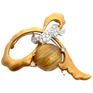 K18/K18WG クォーツ・ダイヤモンド ブローチ 12.79・0.61ct